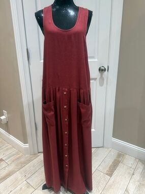 Free People Rustic Red Sleeveless Maxi Dress with Buttons & Pockets